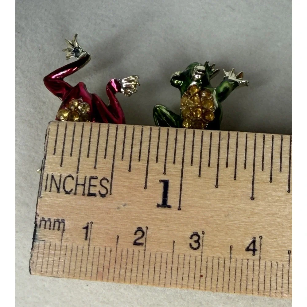 Frog Scatter Brooch Pin Set Red Green Enamel-Like Rhinestone Jeweled 2pc